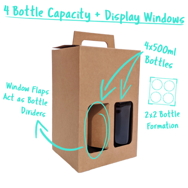 4 Bottle Capacity with Window Flaps that divide the Bottles
