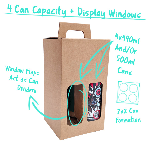 4 Can Capacity with Window Flaps that divide the cans